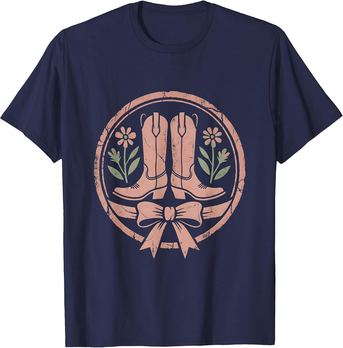 Cowgirl Boots Spurs and Wildflowers Graphic T-Shirt - Navy Blue