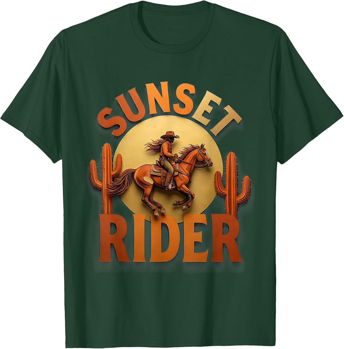 Men's Sunset Rider Cowgirl Western Design T-Shirt - Dark Green