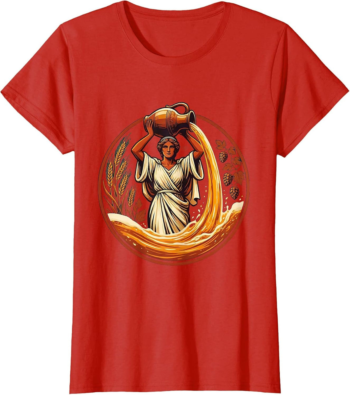Goddess Pouring Beer From Giant Amphora Jug T-Shirt - Red