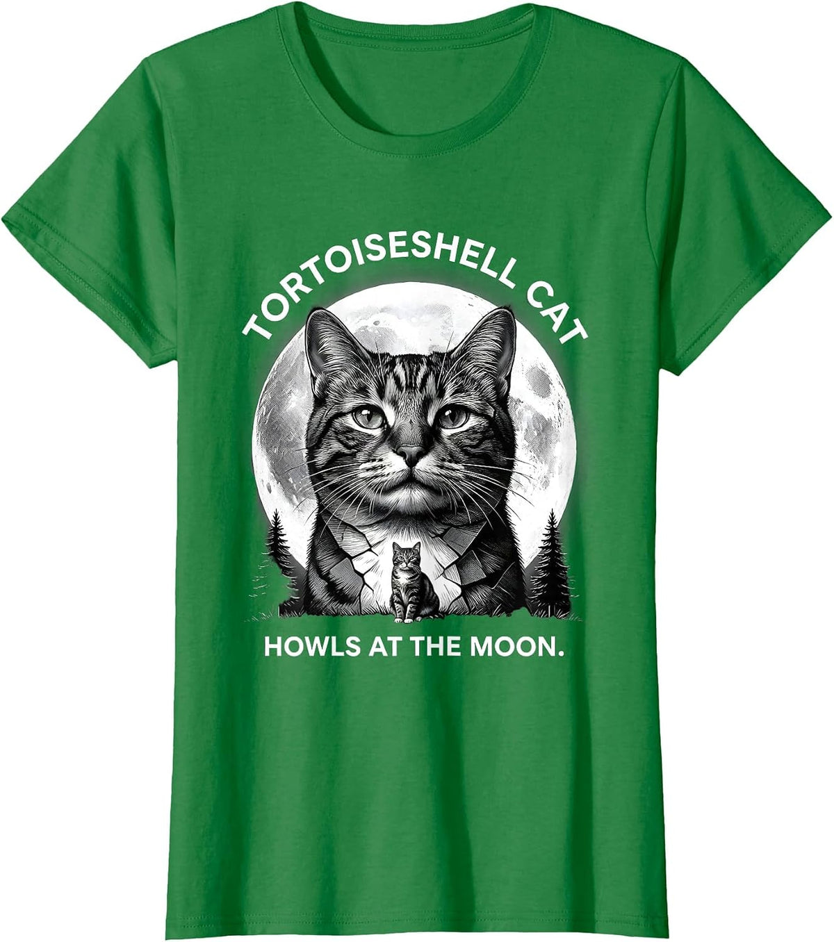 Women's Tortoiseshell Cat Howls at the Moon 90s Retro Novelty T-Shirt - Kelly Green