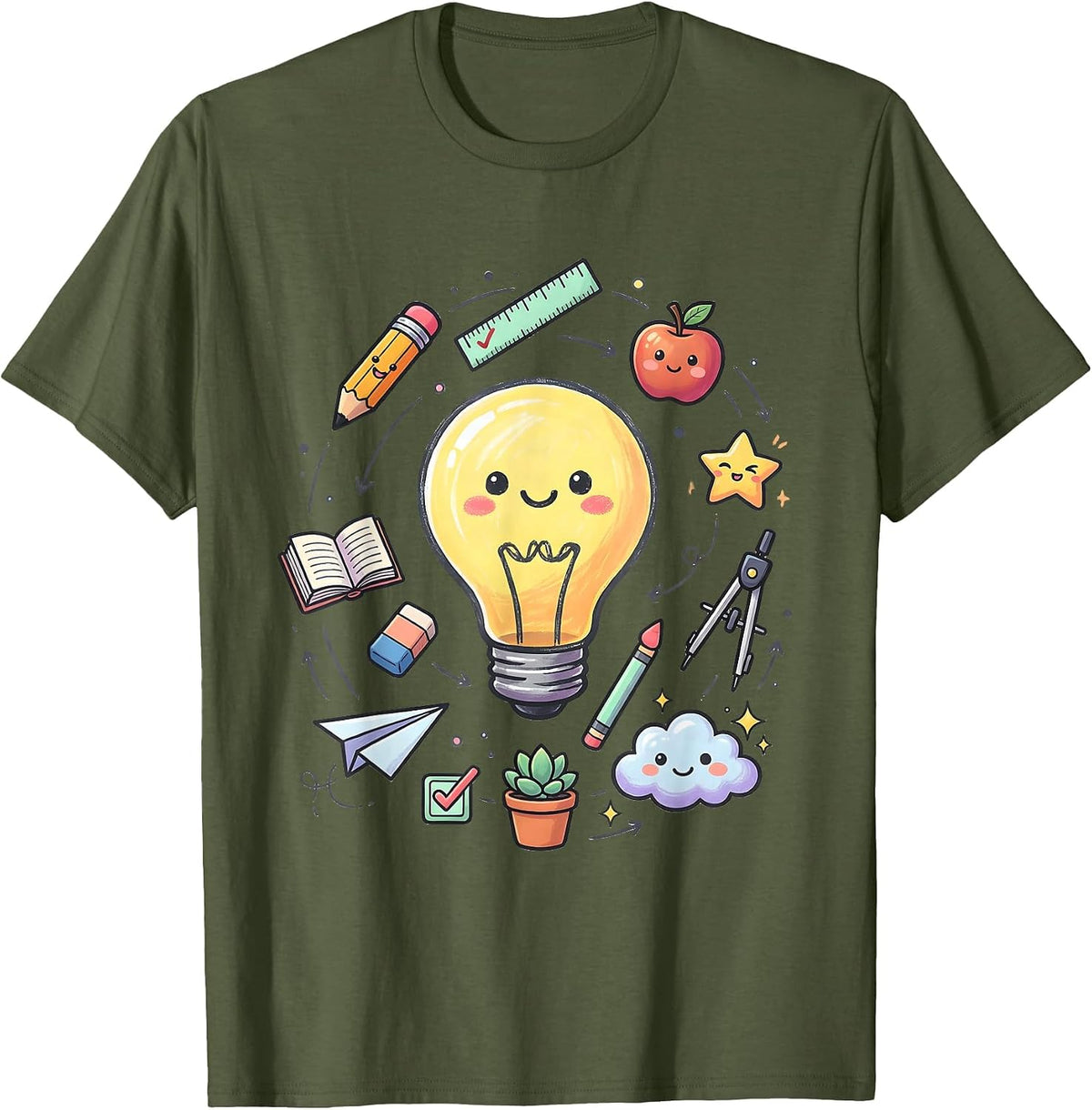Middle School Teacher Chalkboard Lightbulb Design T-Shirt - Olive Green