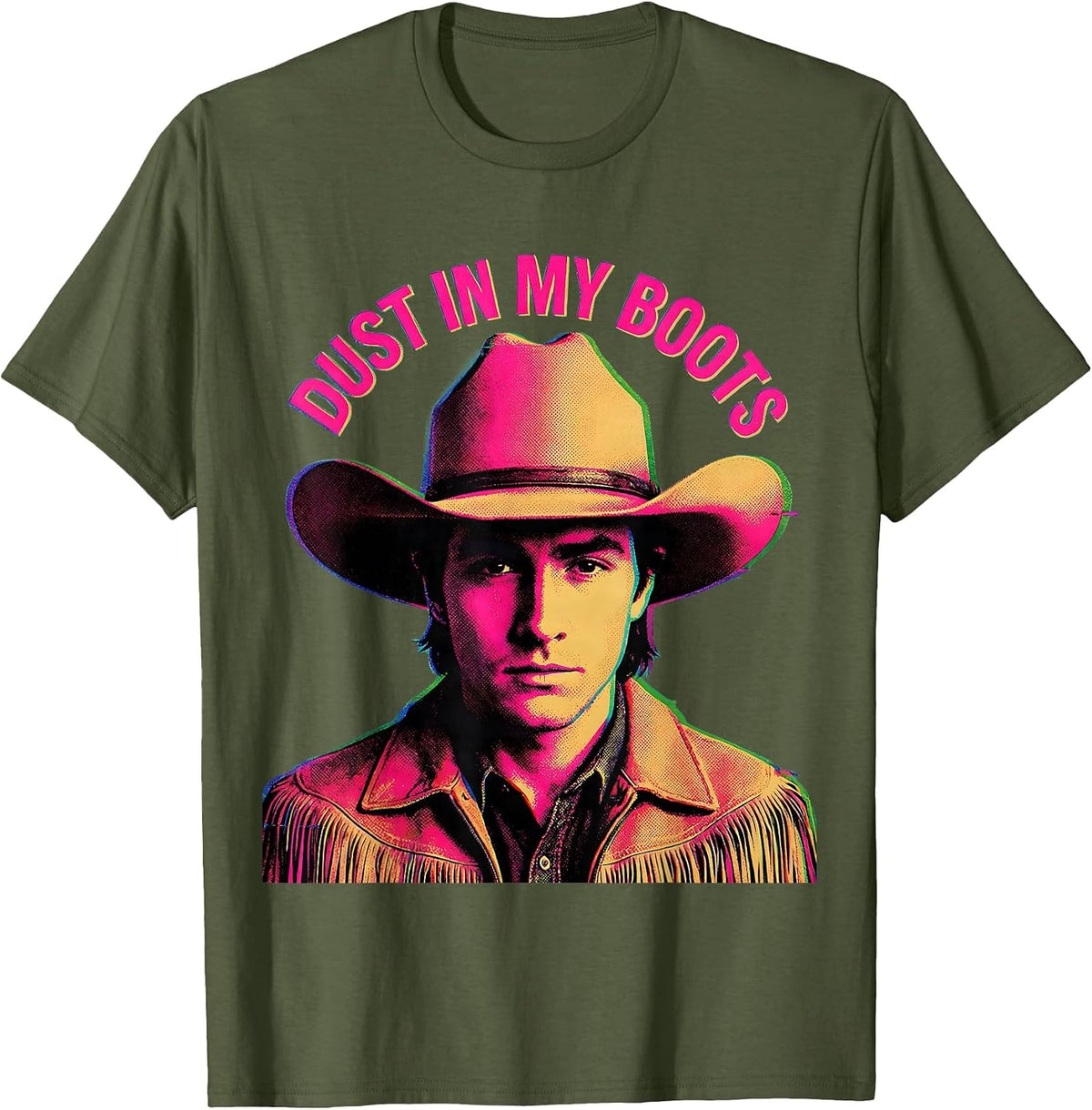 Dust In My Boots White Cowgirl Western Design T-Shirt - Olive Green