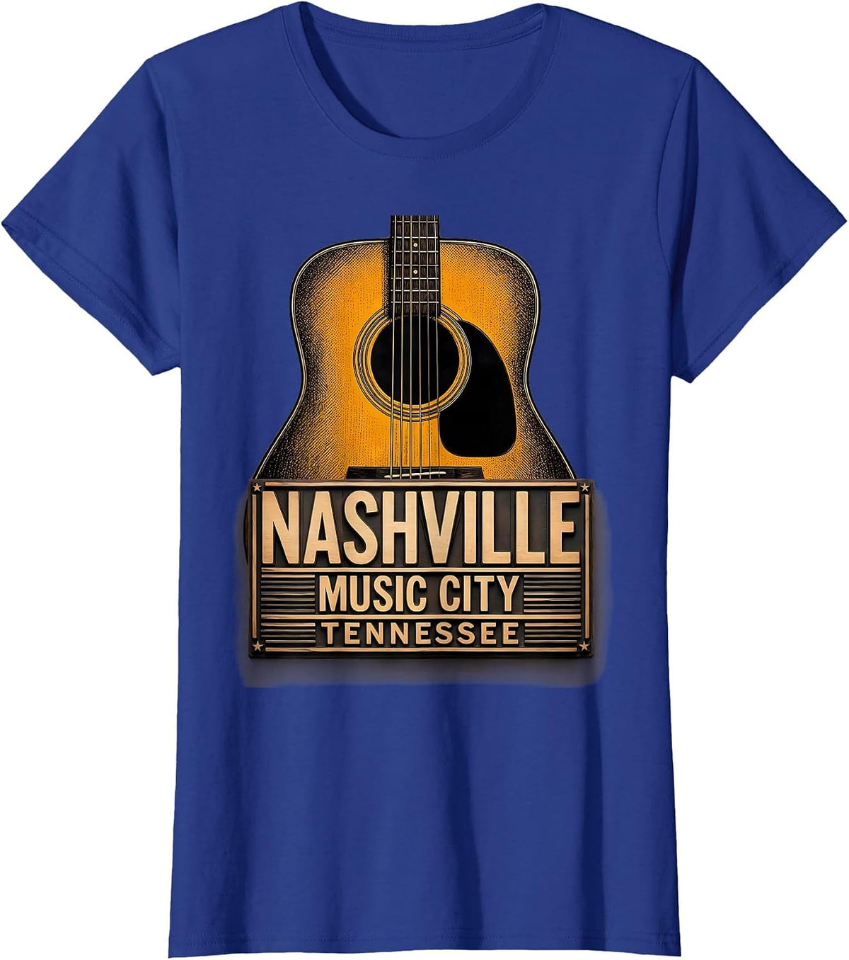 Women's Nashville Music City Tennessee Wood Type Letterpress Guitar T-Shirt - Royal Blue