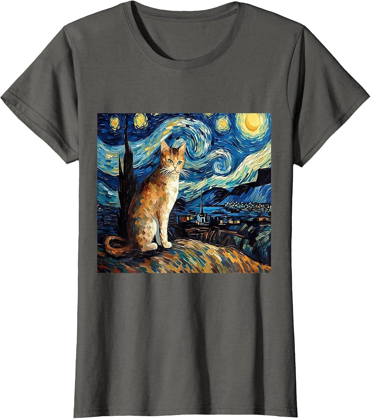 Calico Cat Starry Night Moon and Stars Art T-Shirt - Asphalt Grey