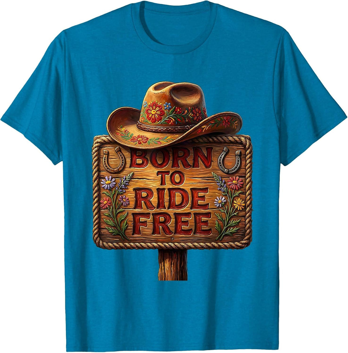 Born to Ride Free Cowboy Western Design T-Shirt - Sapphire Blue