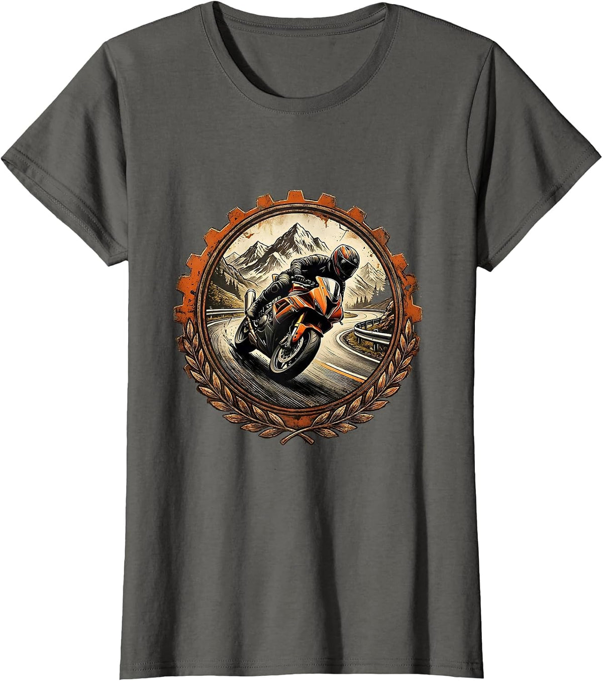 Women's Motorcycle Mountain Curve Lean Riding Graphic T-Shirt - Asphalt Grey