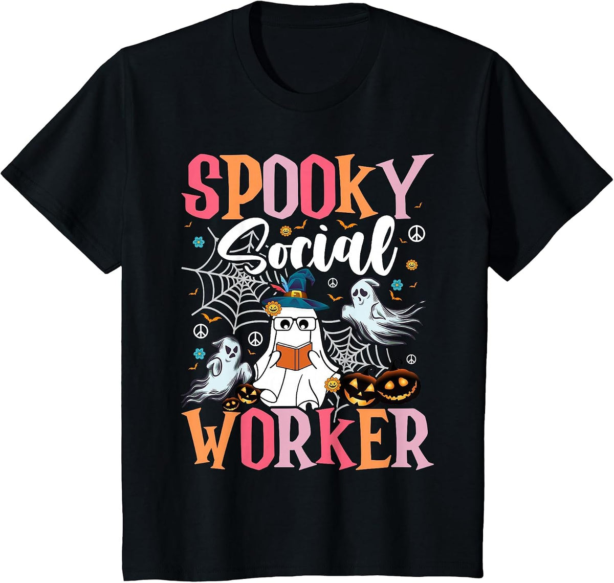 Groovy Retro Ghost Spooky Social Worker Halloween Costume T-Shirt - Black