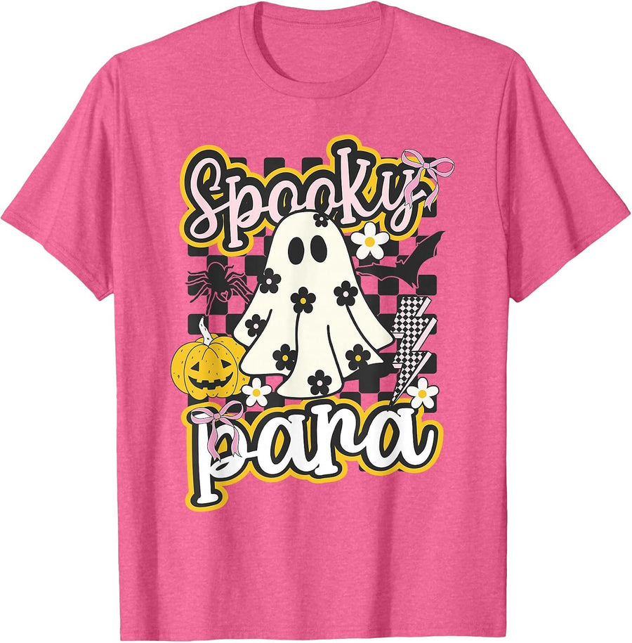 Spooky para Groovy Preppy Halloween Ghost Checkered T-Shirt - Pink Heather