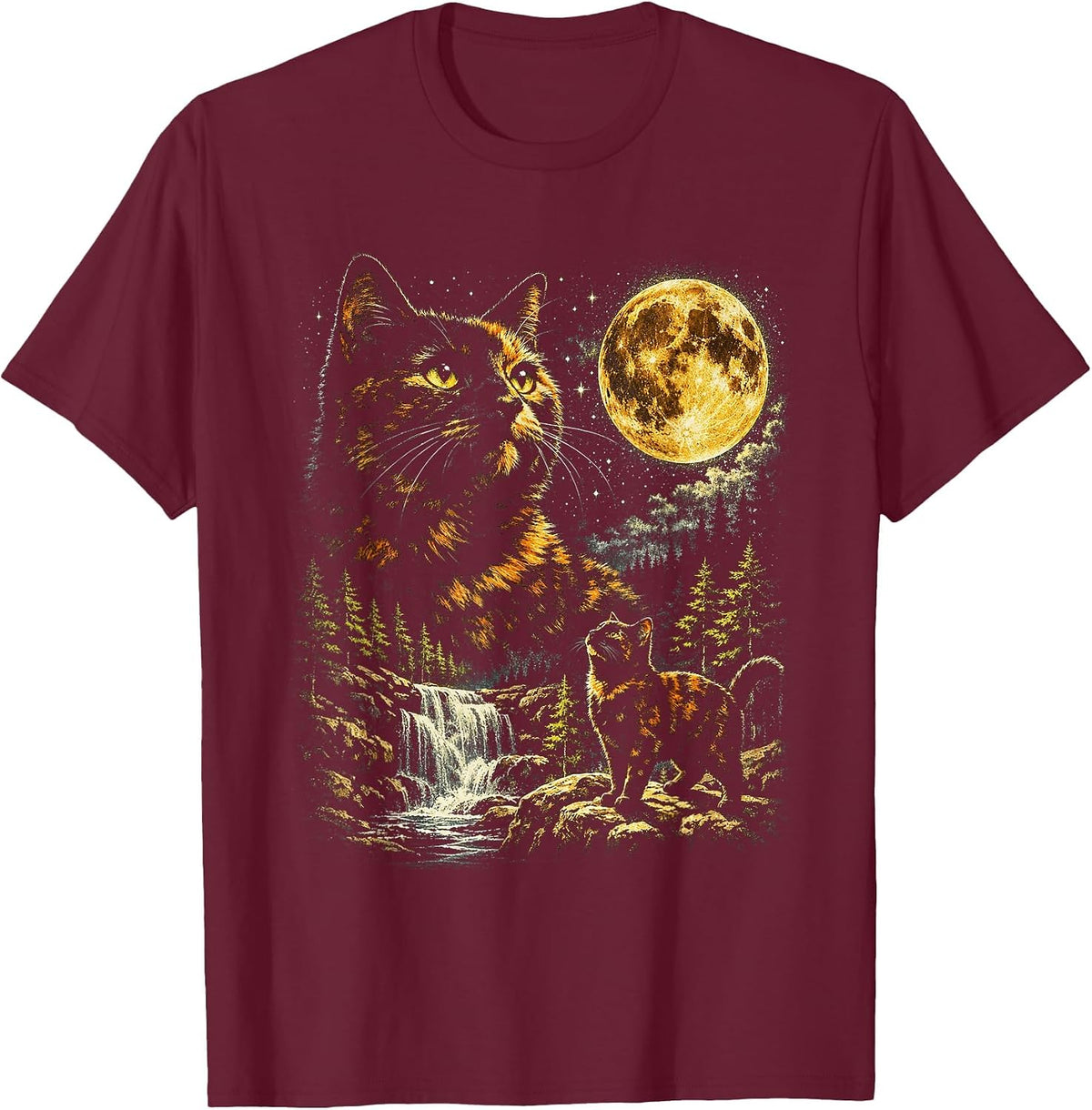 Tortoiseshell Cat Howling At Moon Celestial Parody Design T-Shirt - Burgundy