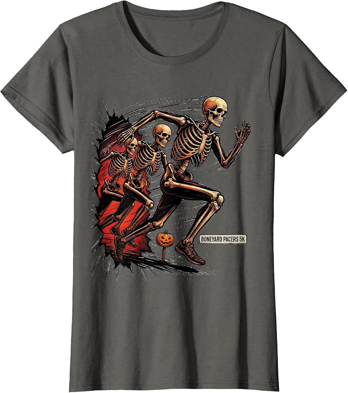 Women's Boneyard Pacers 5K Comic Book Skeleton Runner Halloween Fun T-Shirt - Asphalt Grey