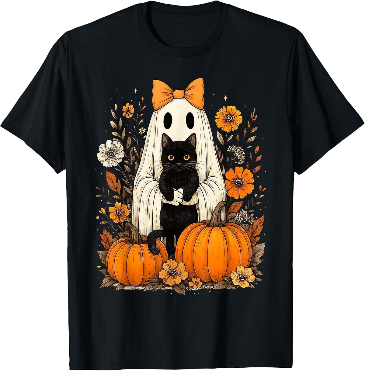 Vintage Halloween Ghost Holding Black Cat Groovy Floral T-Shirt - Black