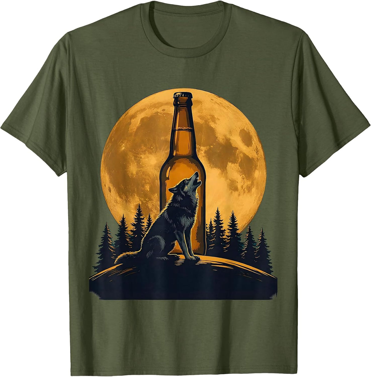 Men's Wolf Howling at Beer Bottle Moon Graphic T-Shirt - Olive Green