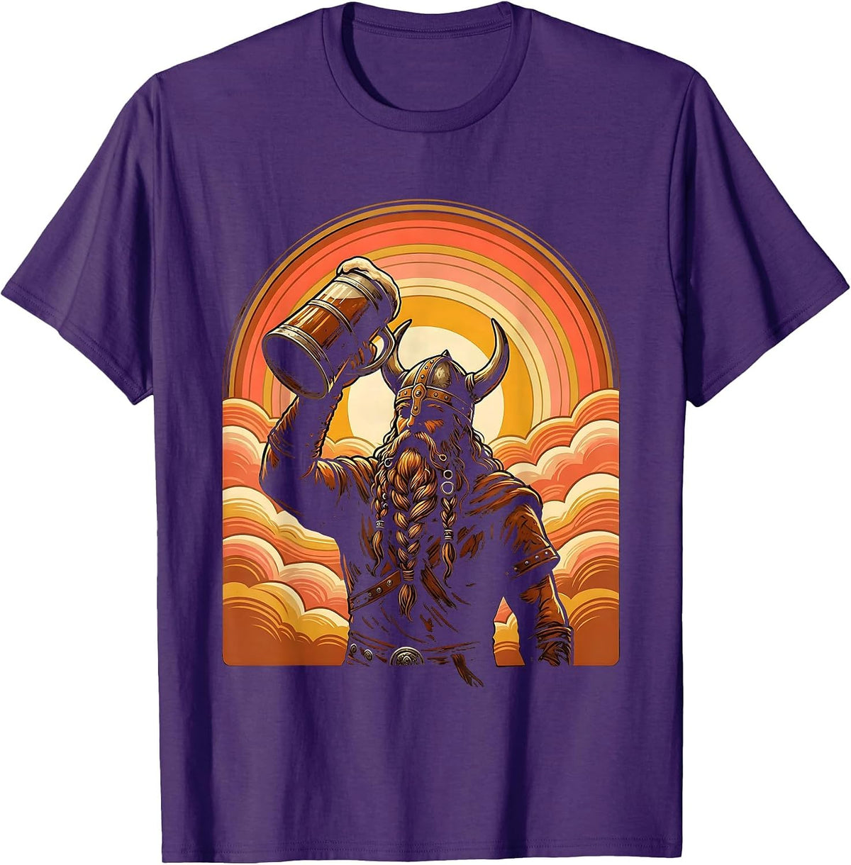 Men's Viking Mead Horn Braided Beard Illustration T-Shirt - Purple