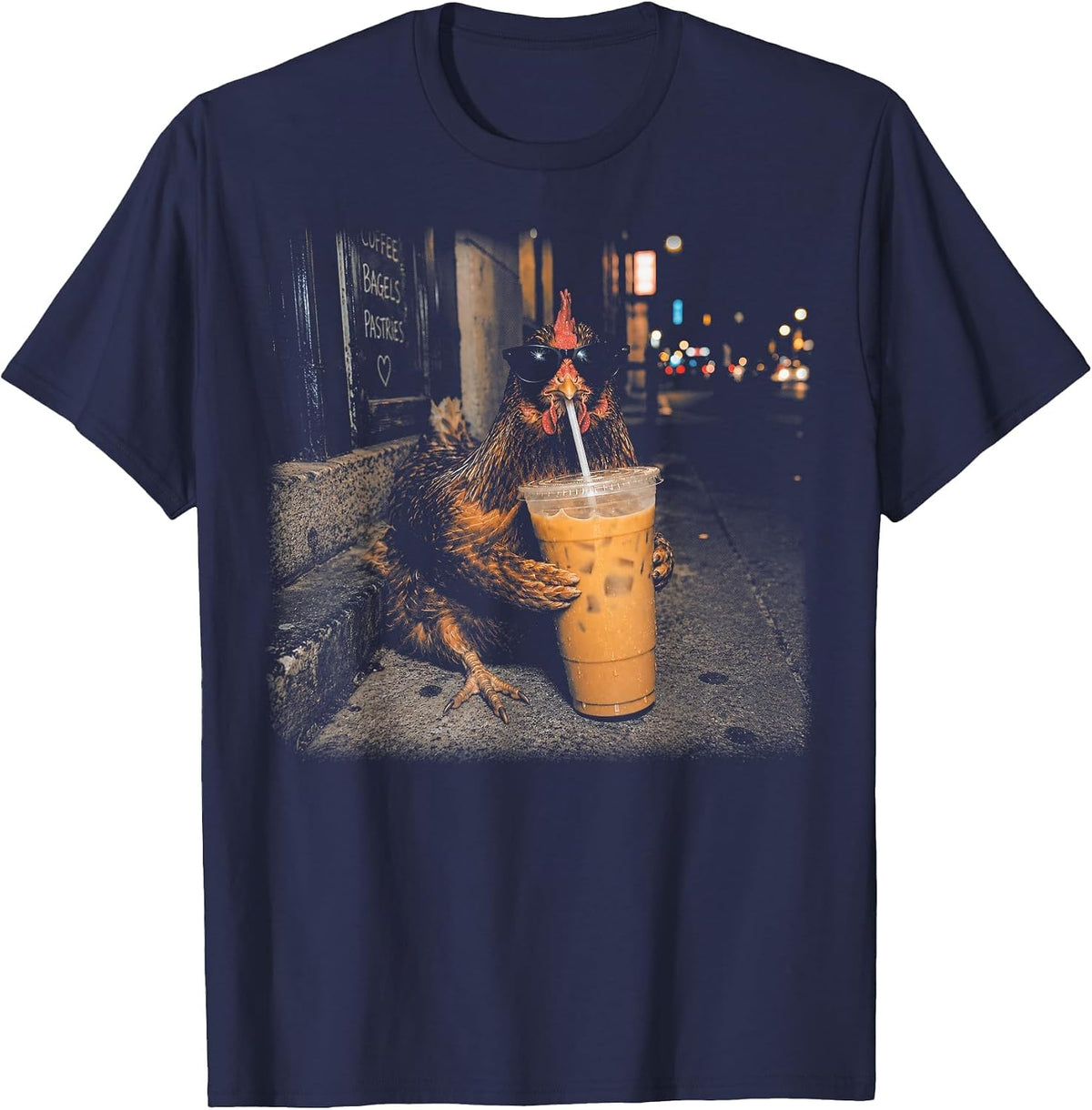 Funny Chicken Drinking Iced Coffee Cool Farm Animal Lover T-Shirt - Navy Blue