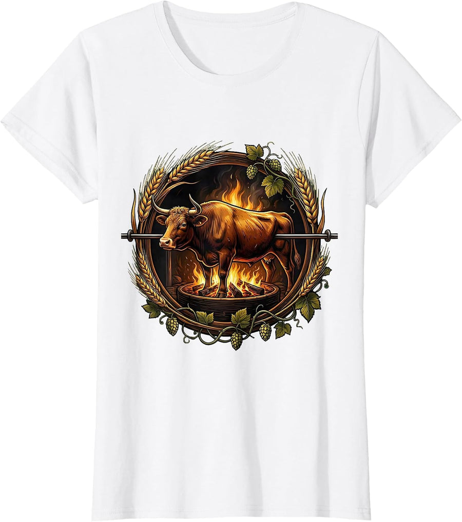 Women's Oktoberfest Ox Roast Over Open Fire Pit T-Shirt - White