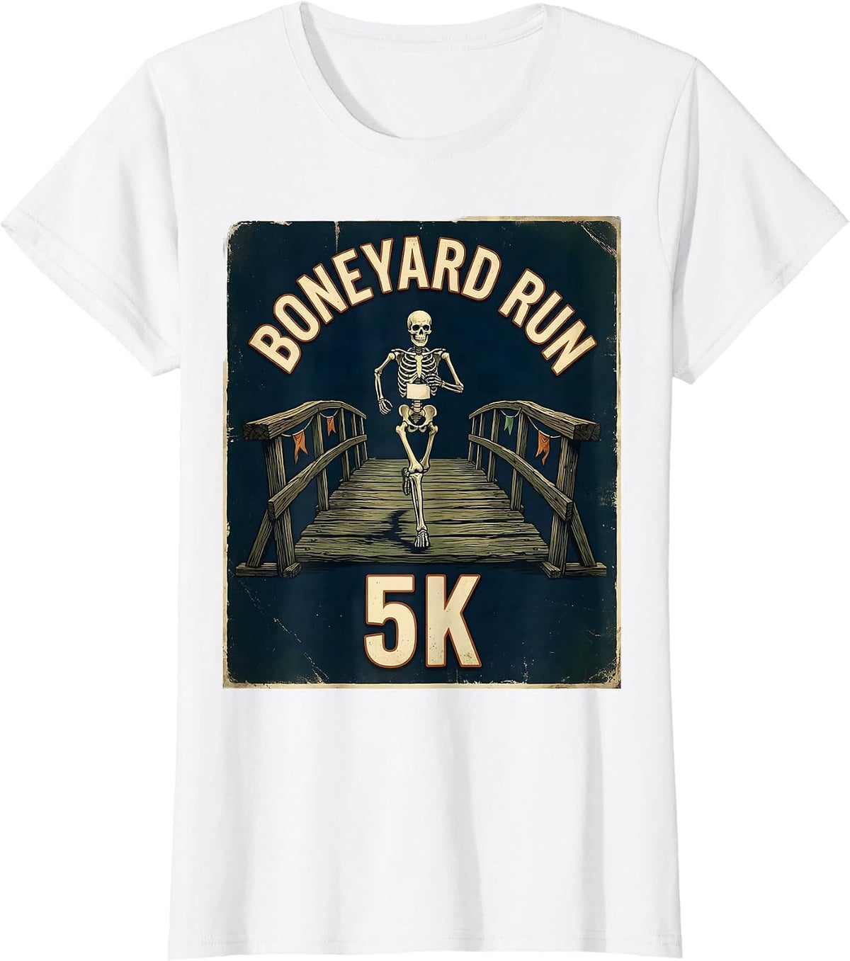 Boneyard Run 5K Vintage Skeleton Runner Halloween Fun Run T-Shirt - White