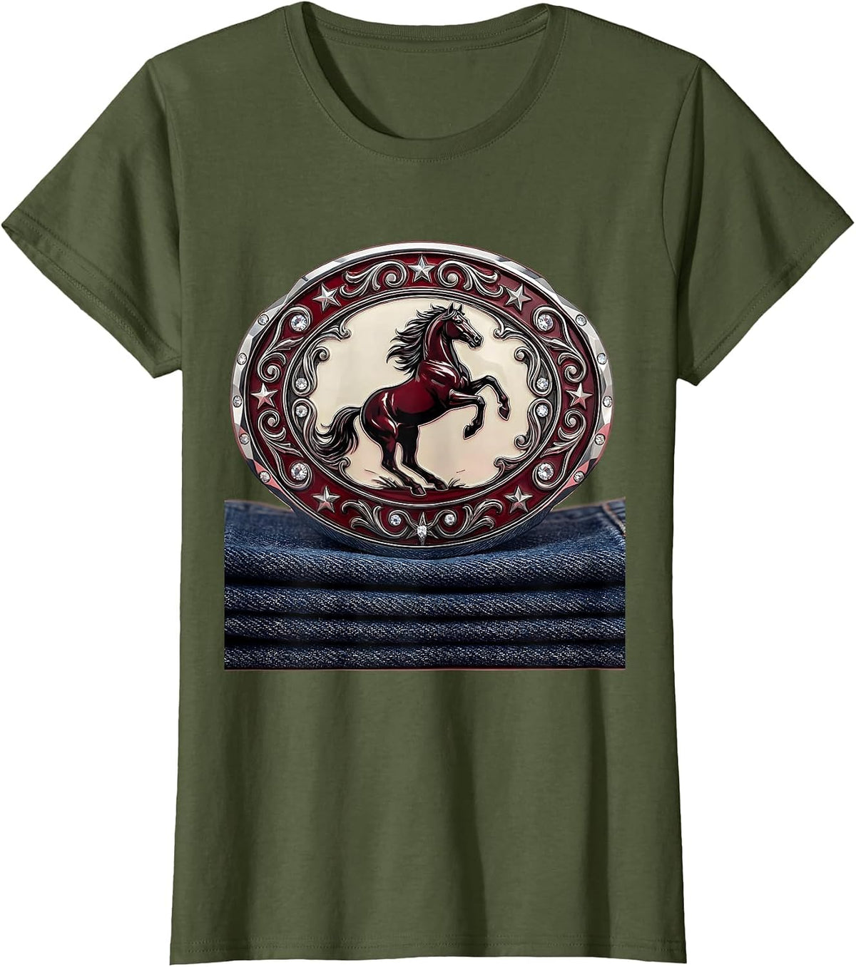 Women's Rodeo Buckle on Blue Jeans 90s Country Graphic T-Shirt - Olive Green