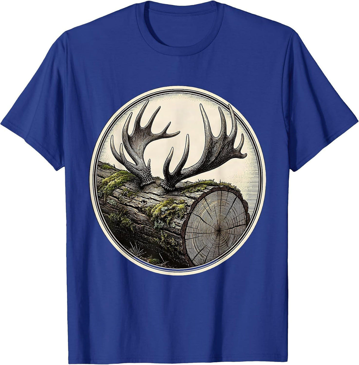 Men's Antler Shed on Mossy Log Hunting Illustration T-Shirt - Royal Blue