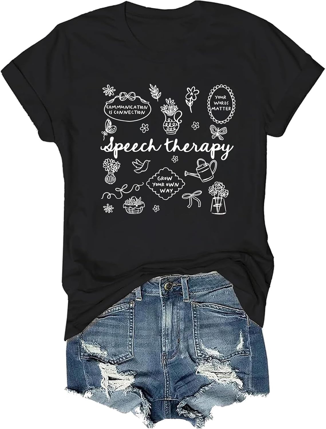 Speech Therapy Shirt Floral SLP Speech Language Pathologist T-Shirt Therapist - Black