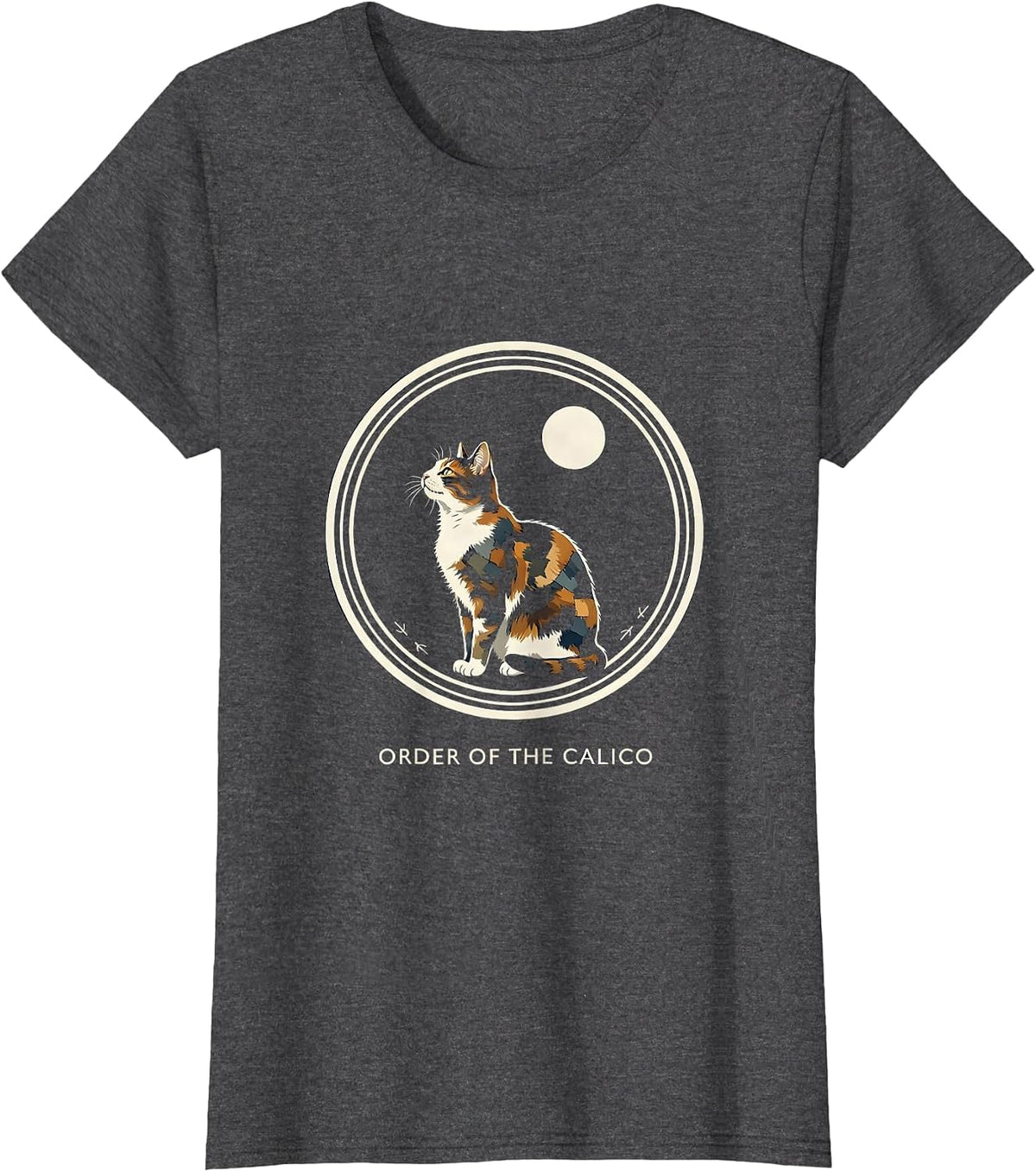 Women's Order Of The Calico Funny Calico Cat Howling At Moon Retro T-Shirt - Dark Heather Grey