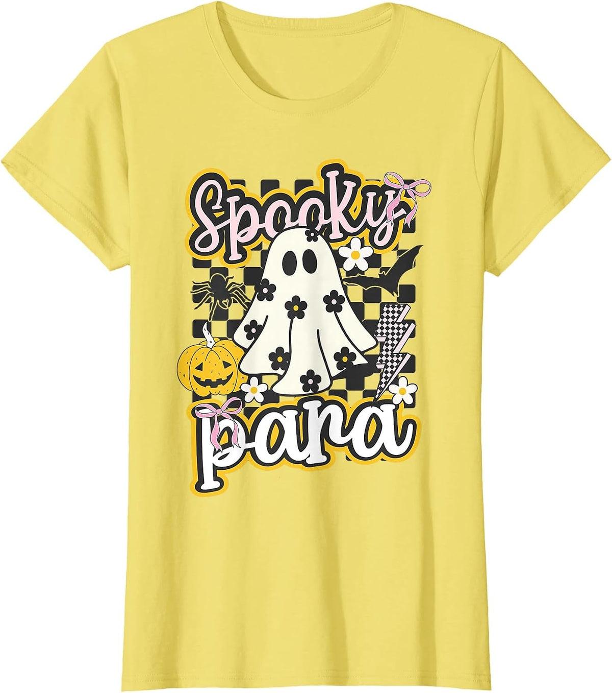 Spooky para Groovy Preppy Halloween Ghost Checkered T-Shirt - Lemon Yellow
