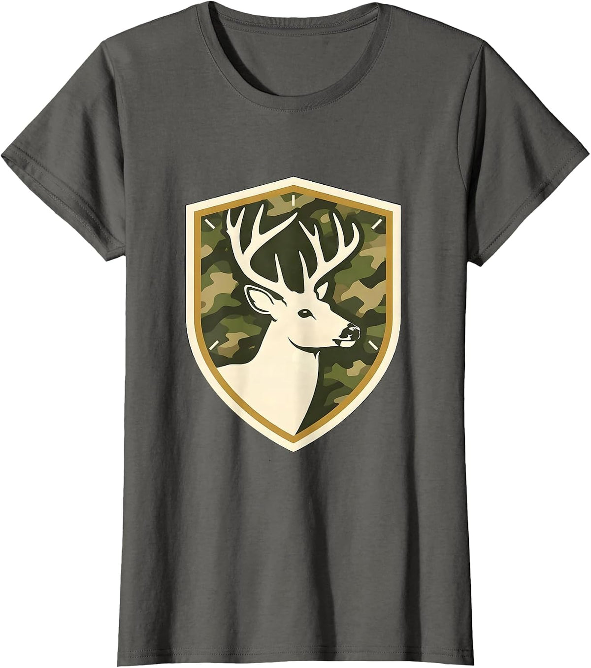 Women's Shield Buck Antlers Camo Emblem Hunting Dad T-Shirt - Asphalt Grey