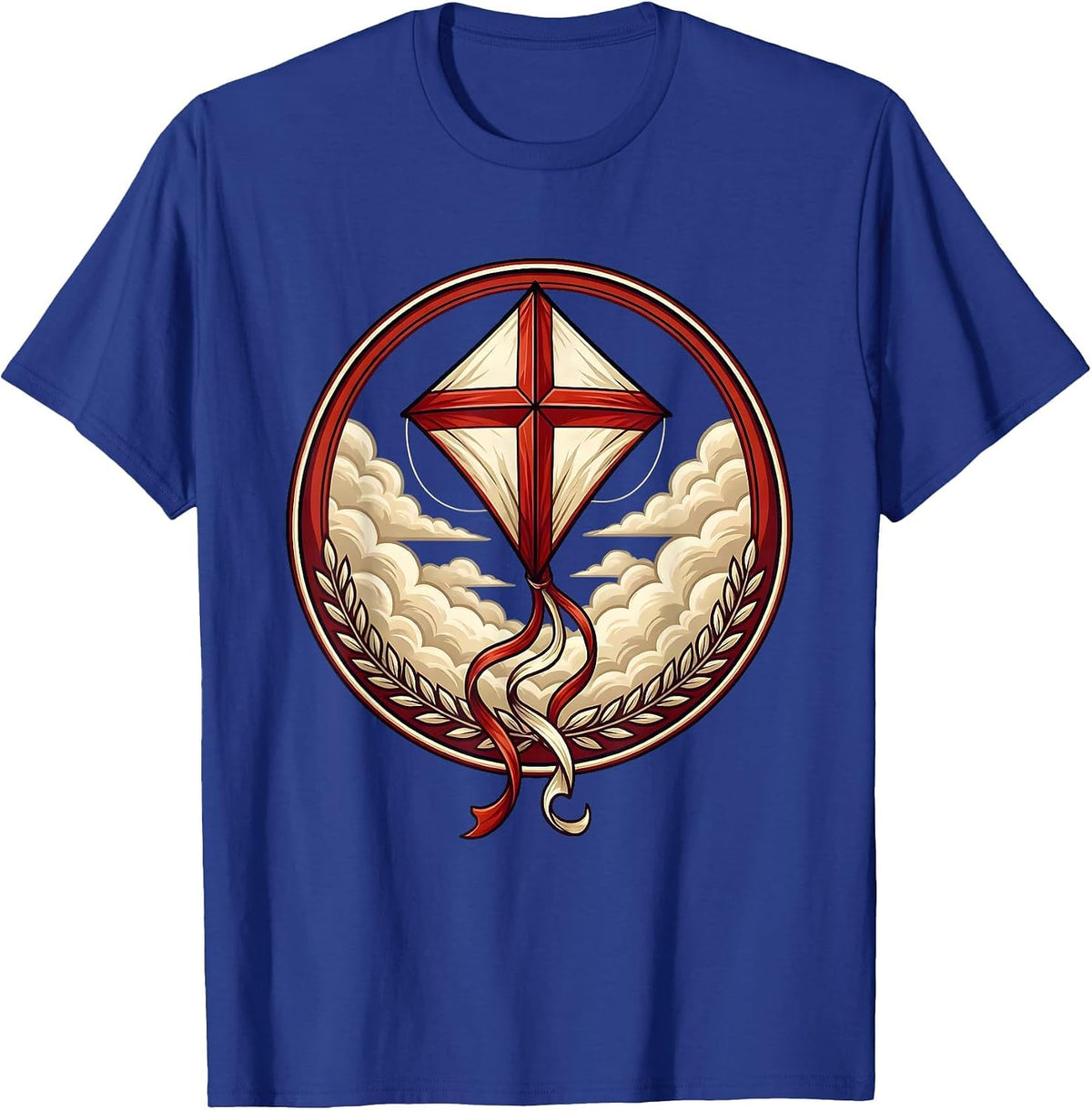 Red White and Blue Kite Soaring Above the Clouds T-Shirt - Royal Blue