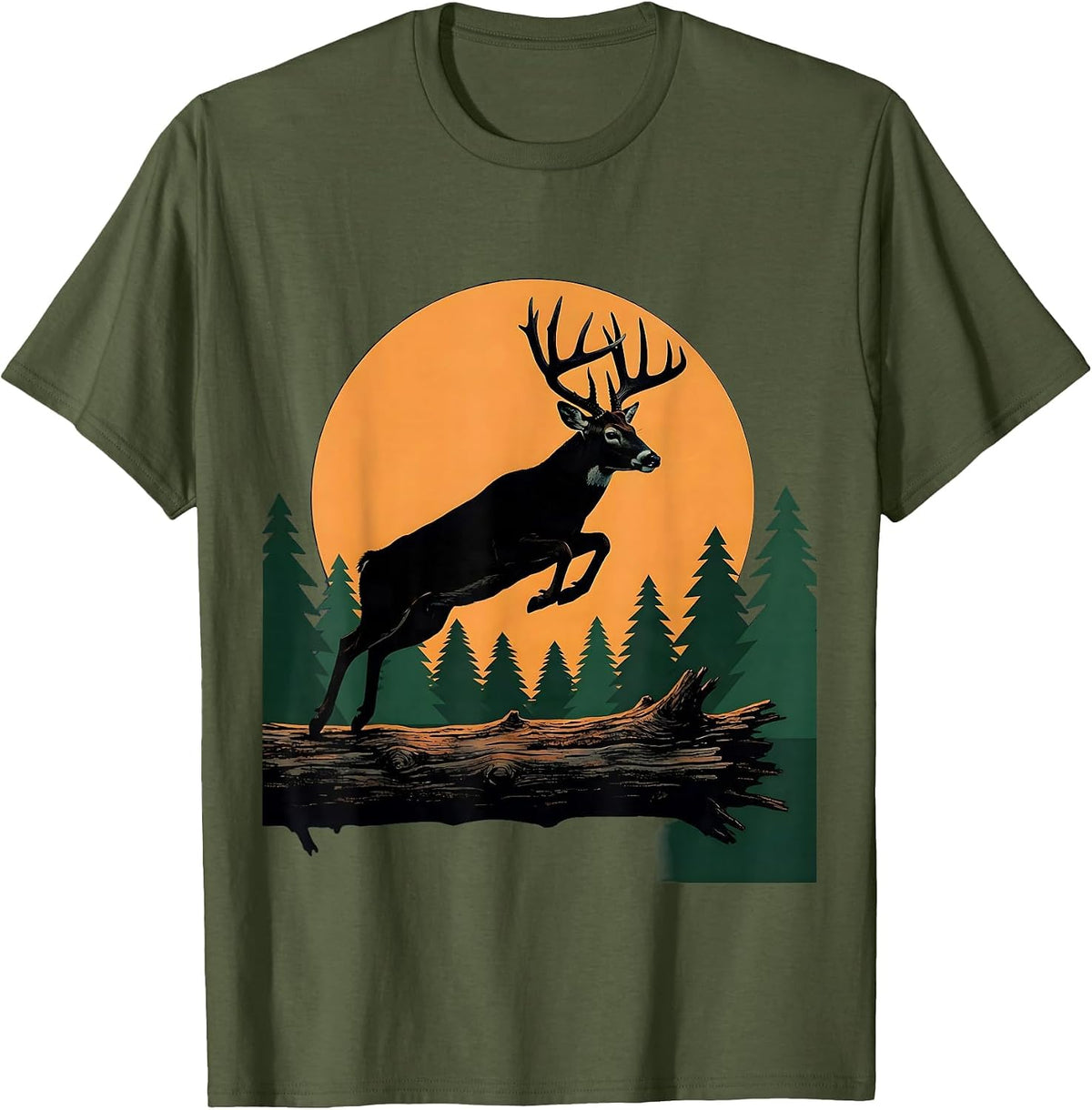Men's Whitetail Deer Leaping Over Fallen Log T-Shirt - Olive Green