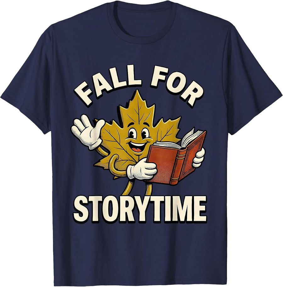 Fall For Storytime Retro Cartoon Teacher Fall Classroom Wear T-Shirt - Navy Blue