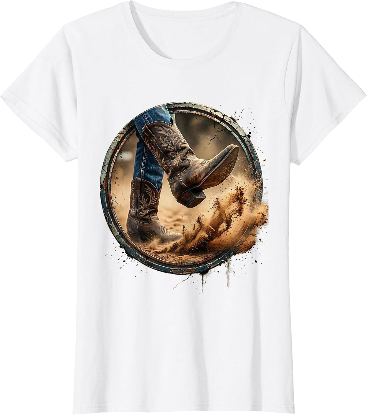 Denim Cowgirl Boots Mid-Kick Dust Cloud Graphic T-Shirt - White