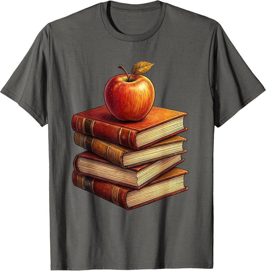 Middle School Teacher Stacked Textbooks Apple Gift T-Shirt - Asphalt Grey