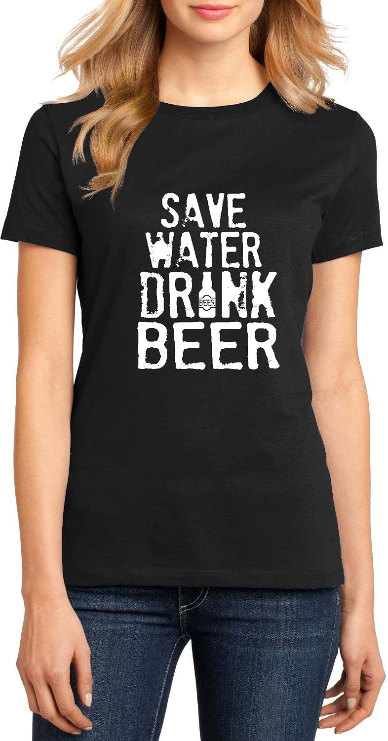 Save Water Drink Beer Funny Beer Bottle Graphic Top Ringspun Cotton Tee Adult Men Women - Ladies Crew Black