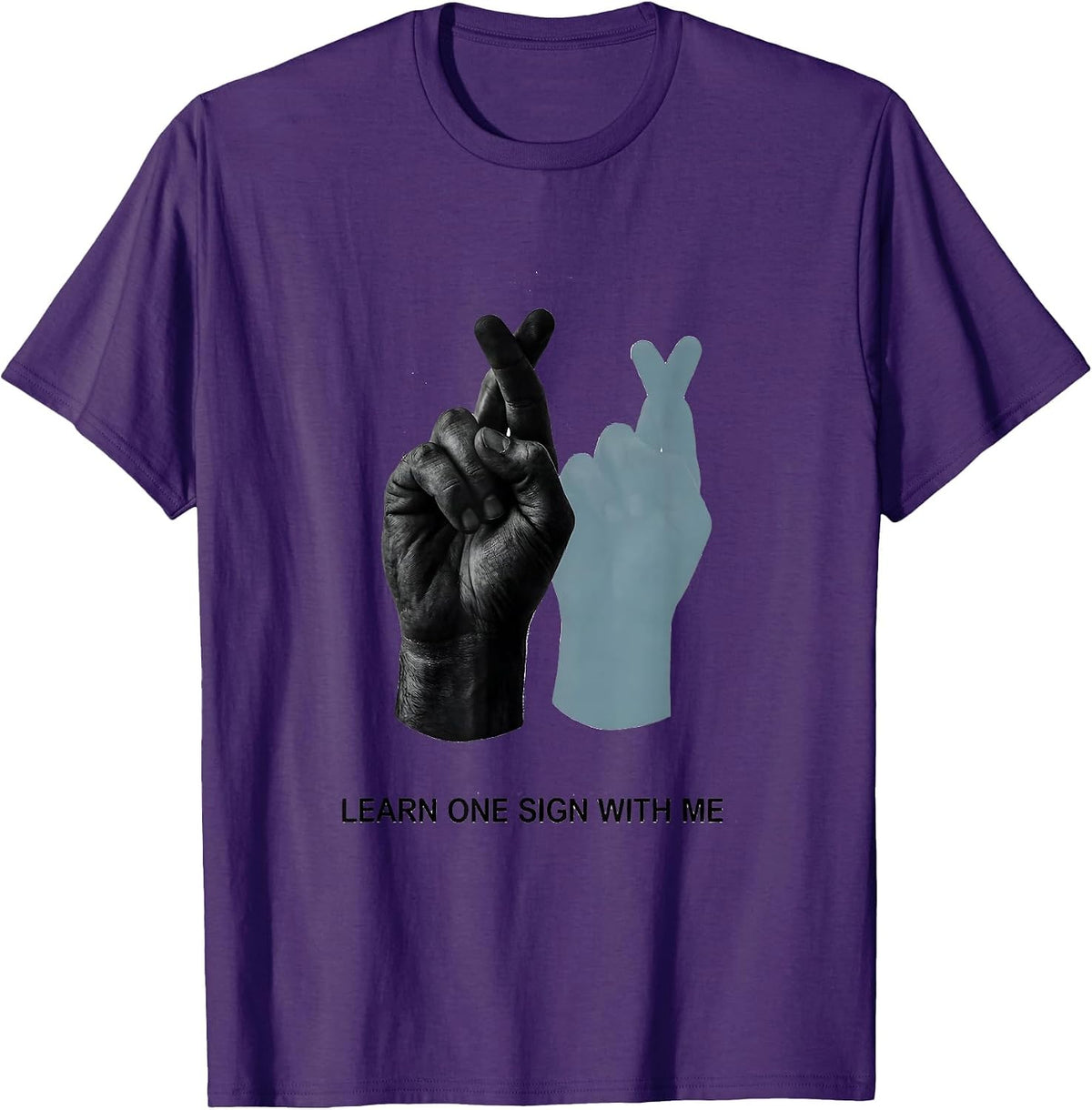 Learn One Sign With Me Minimalist ASL Teacher Deaf Awareness T-Shirt - Purple