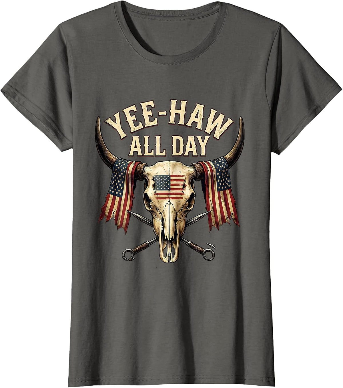 Women's Yee-Haw All Day Cowboy Western Design T-Shirt - Asphalt Grey