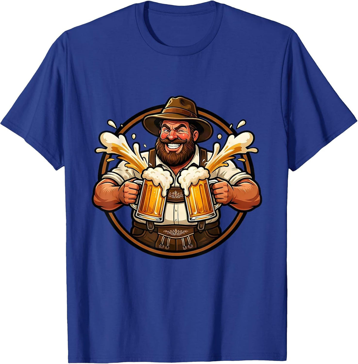 Men's Oktoberfest Bearded Lederhosen Beer Stein Clinking T-Shirt - Royal Blue