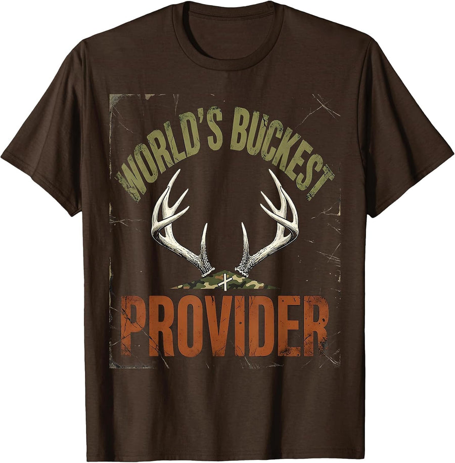 World's Buckest Provider Distressed Deer Hunting Camo Dad T-Shirt - Brown