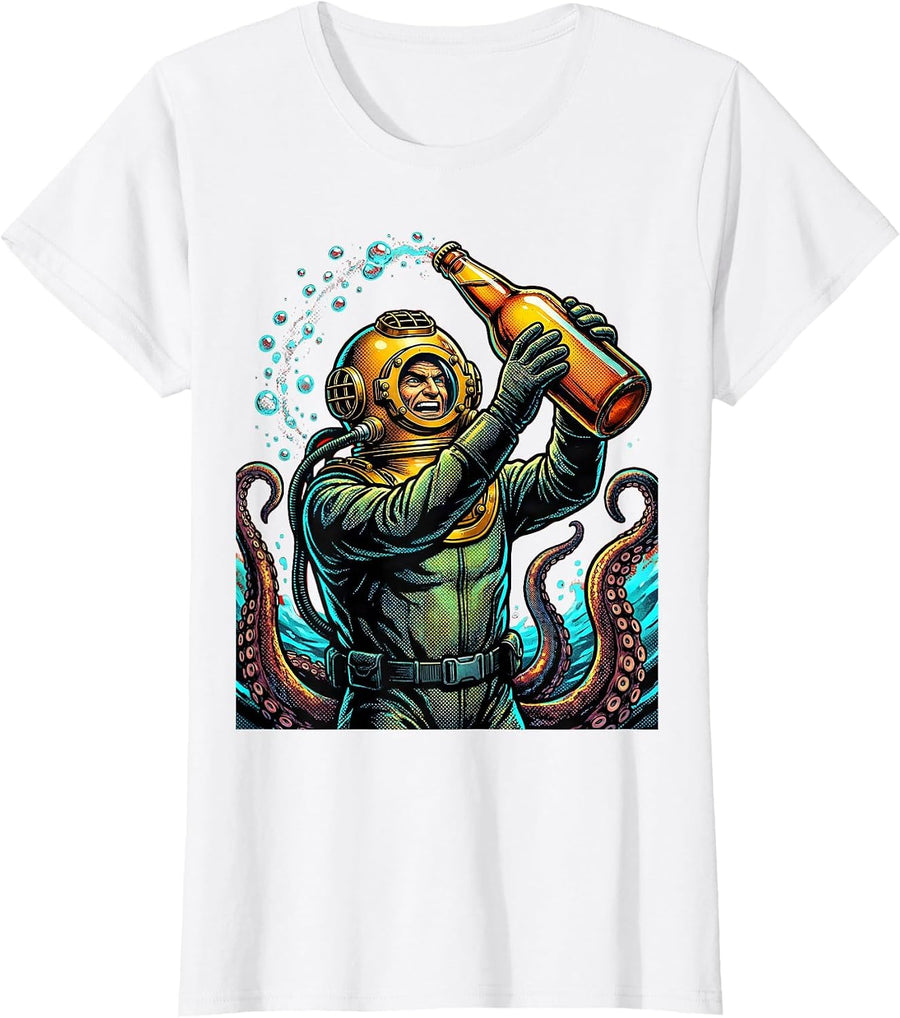 Women's Deep Sea Diver Giant Beer Bottle Illustration T-Shirt - White