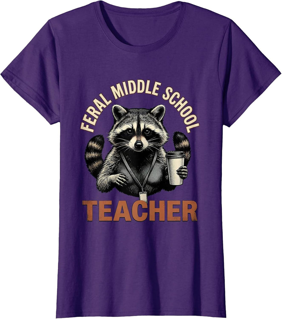 Women's Feral Middle School Teacher Vintage Funny Teacher Back T-Shirt - Purple