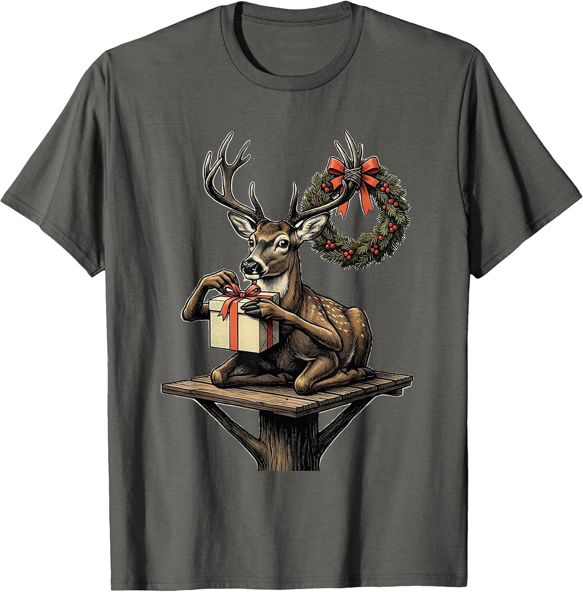 Men's Deer Hunter Gift Midcentury Modern Christmas T-Shirt - Asphalt Grey