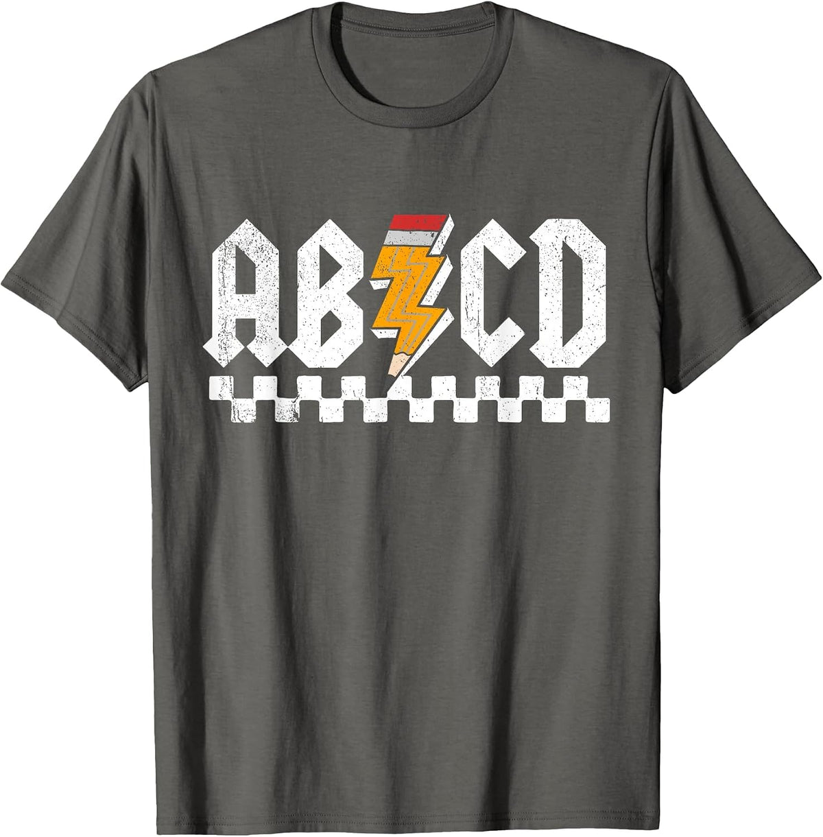 AB CD Lightning Checkered Pencil Leopard Testing Day Teacher T-Shirt - Asphalt Grey