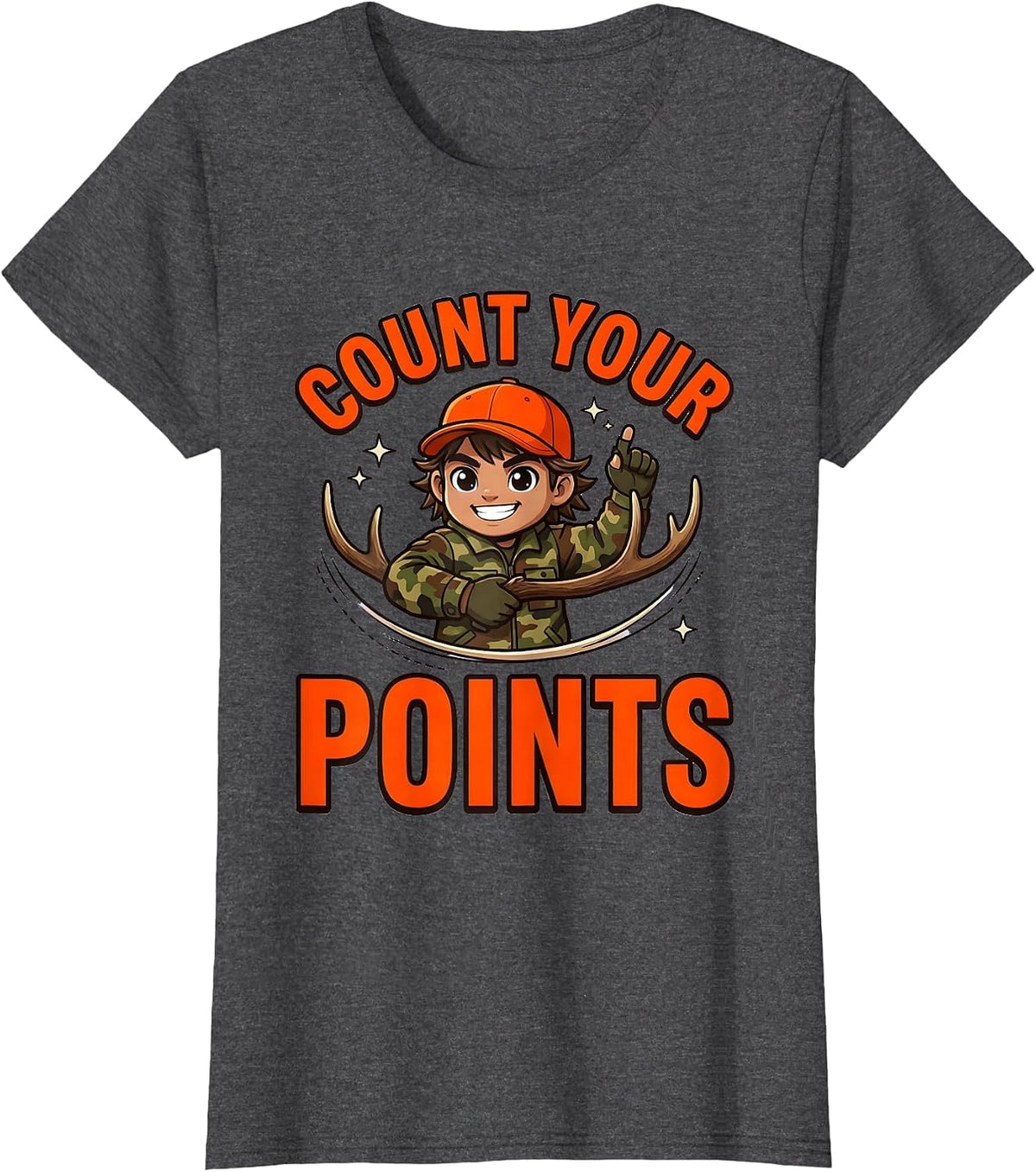 Women's COUNT YOUR POINTS Funny Deer Hunter Hunting Camp T-Shirt - Dark Heather Grey