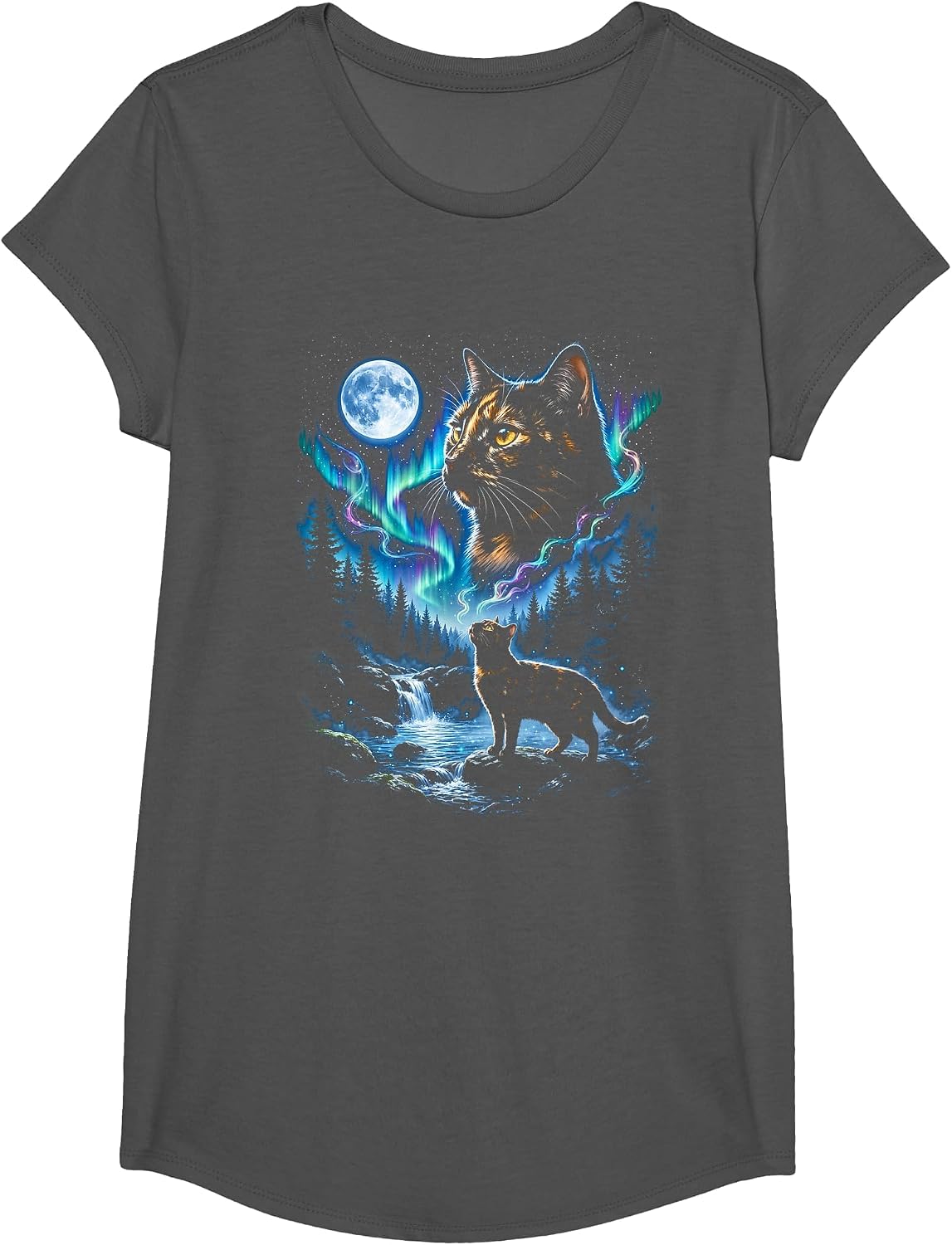 Tortoiseshell Cat Howling At Moon 90s Retro Cat Lover T-Shirt - Girls Asphalt Grey