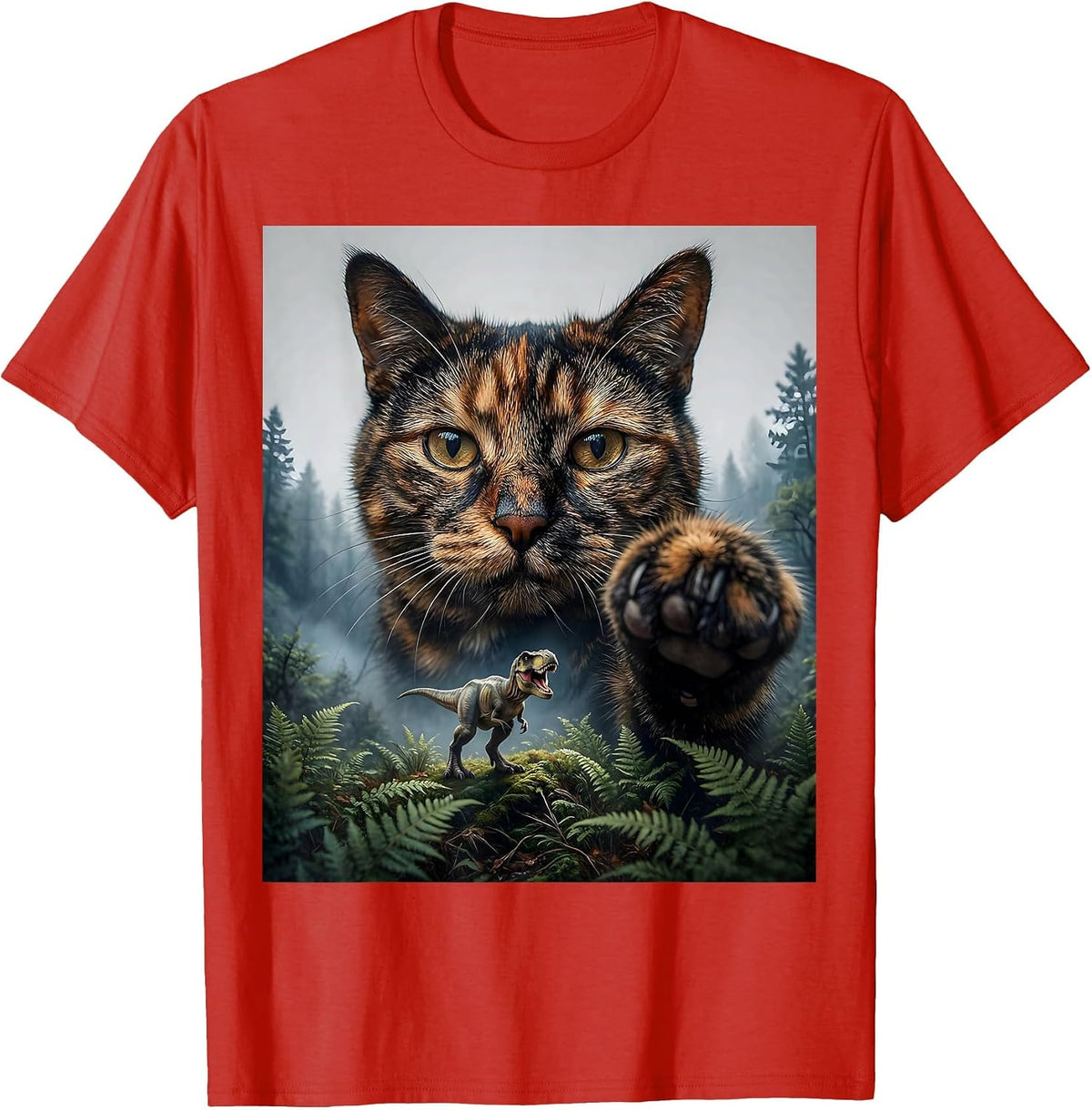 Men's Oversized Calm Tortoiseshell Cat Face Funny T-Rex Dinosaur T-Shirt - Red