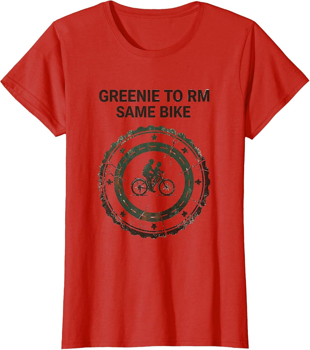 Women's Greenie To RM Same Bike Vintage LDS Missionary Humor Gift T-Shirt - Red
