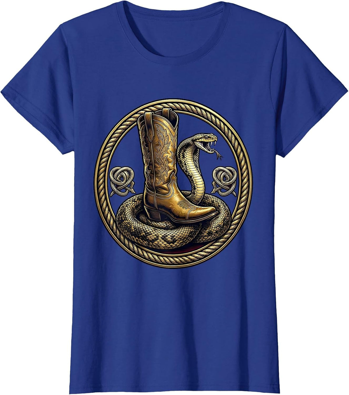 Women's Cowgirl Boot Crushing Snake Graphic Tee T-Shirt - Royal Blue