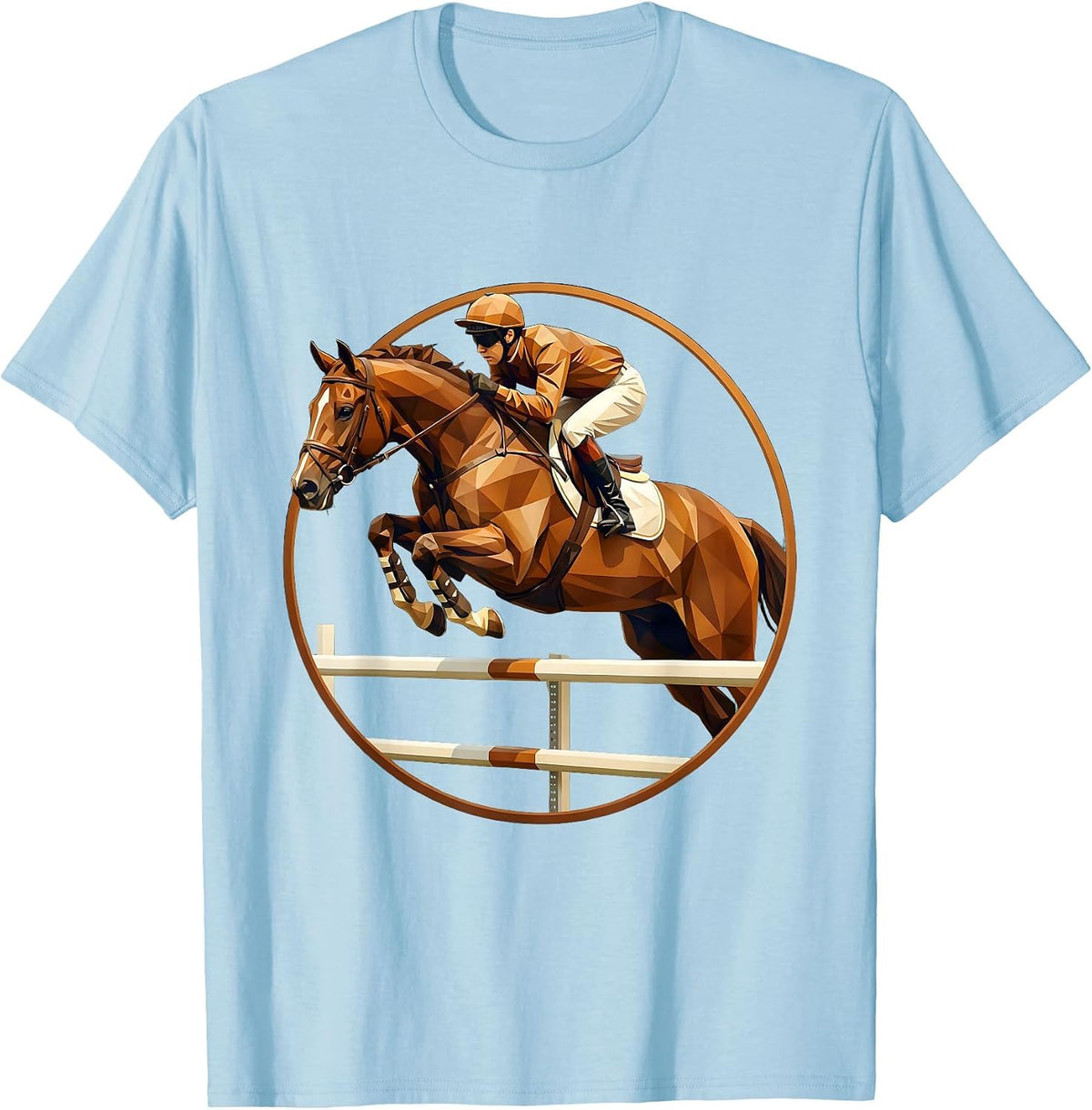 Jockey and Horse Mid-Jump Over Fence Graphic T-Shirt - Baby Blue