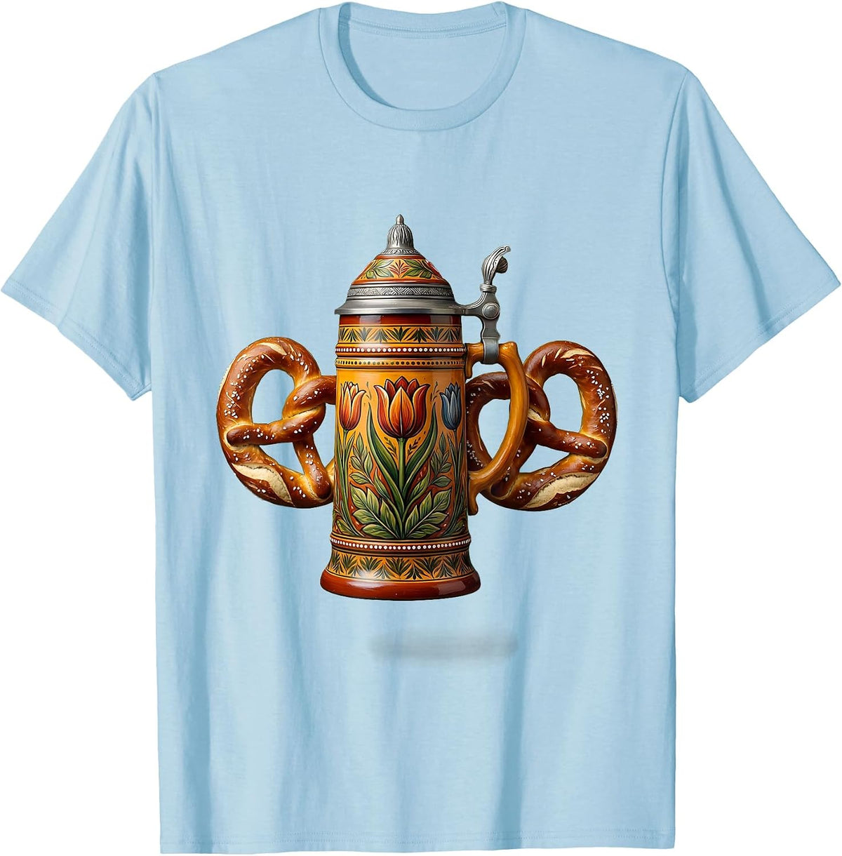 Men's Pretzel and Beer Stein Tavern Illustration T-Shirt - Baby Blue