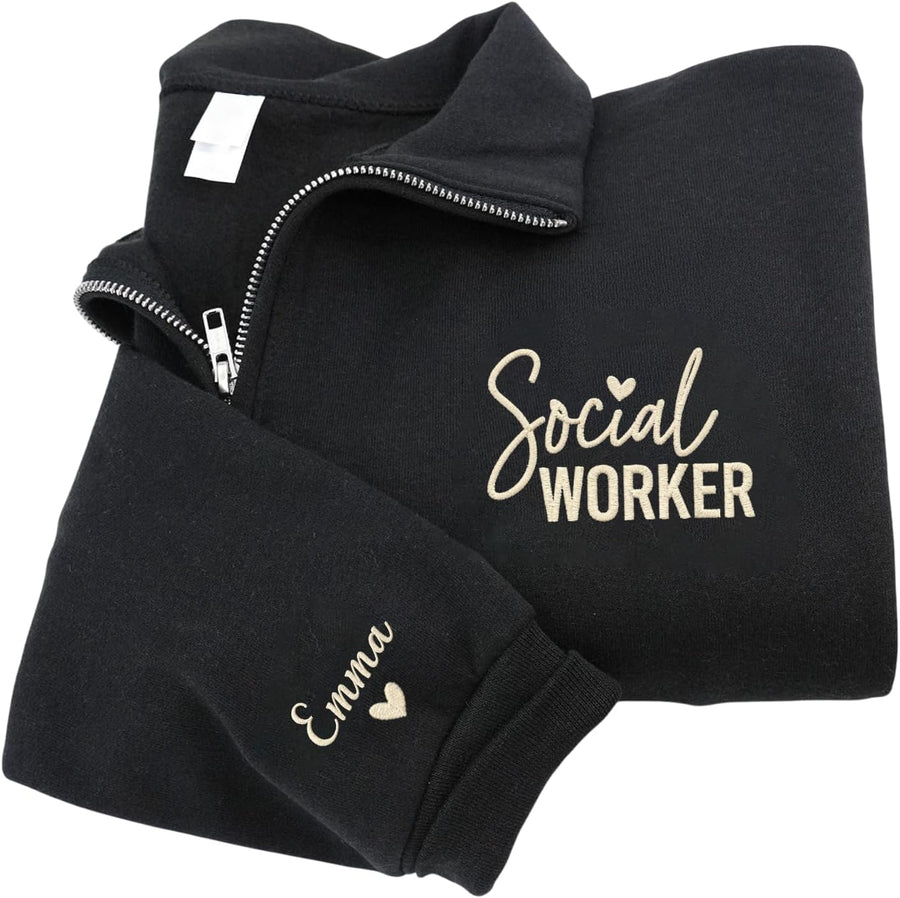 NAZENTI Personalized Embroidered Social Worker Quarter Zip Sweatshirt, Custom Text on Sleeve Sweatshirt, Personalized Social