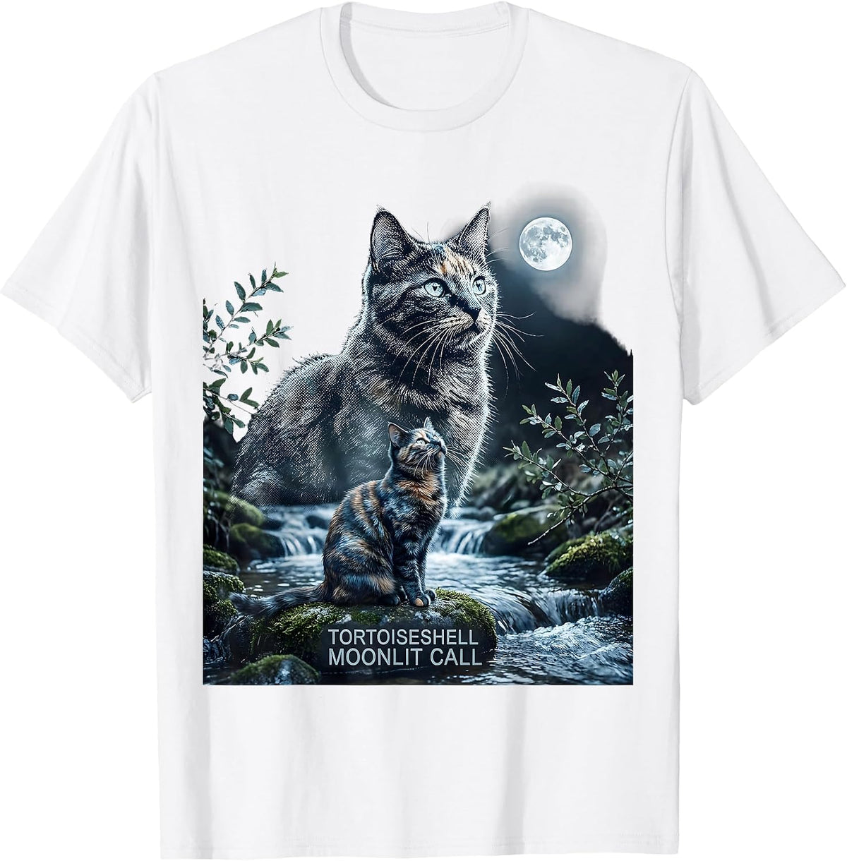 Men's Tortoiseshell Moonlit Call 90s Retro Cat Portrait T-Shirt - White