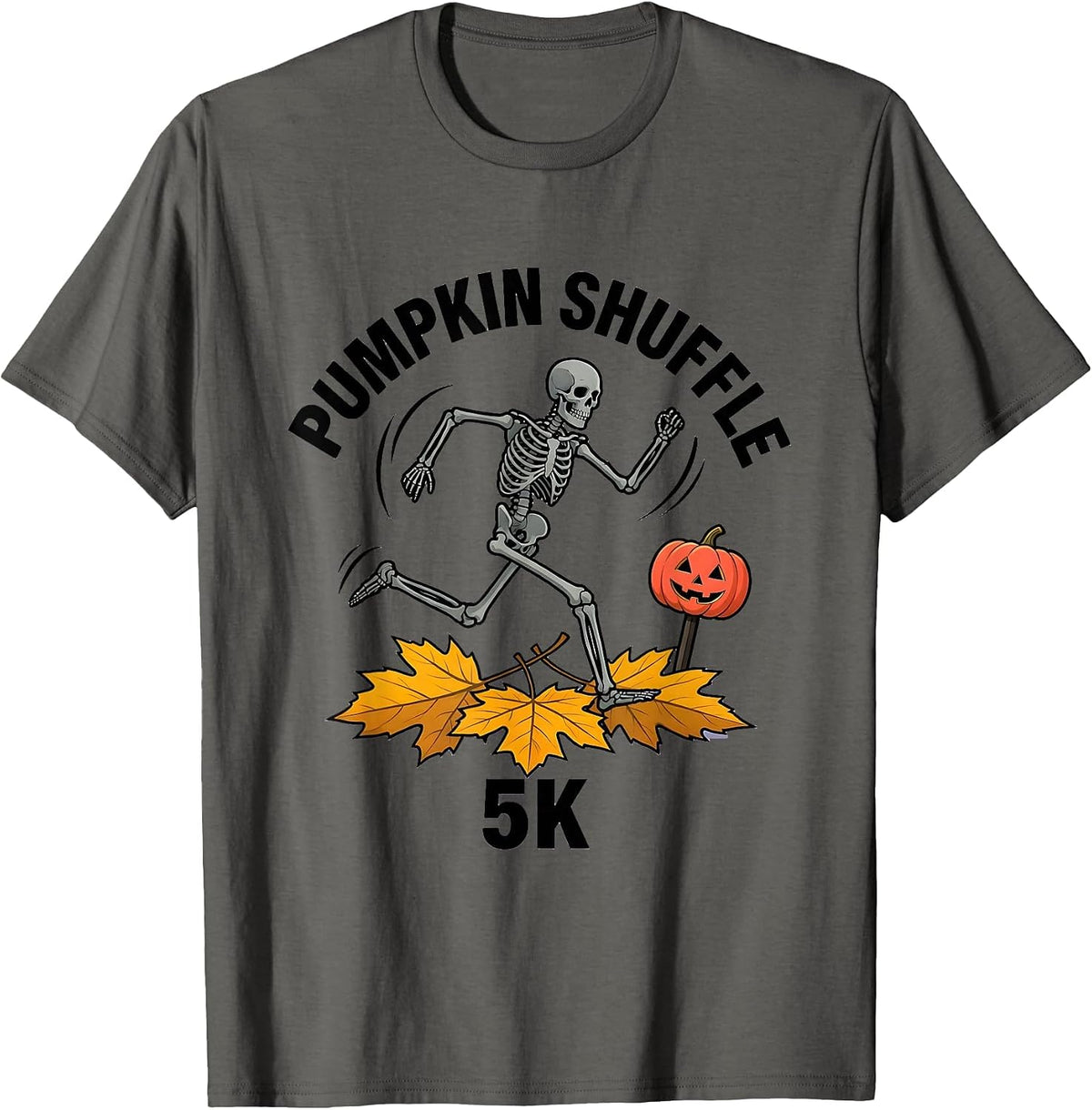 Pumpkin Shuffle 5K Funny Skeleton Runner Halloween 5K Race T-Shirt - Asphalt Grey